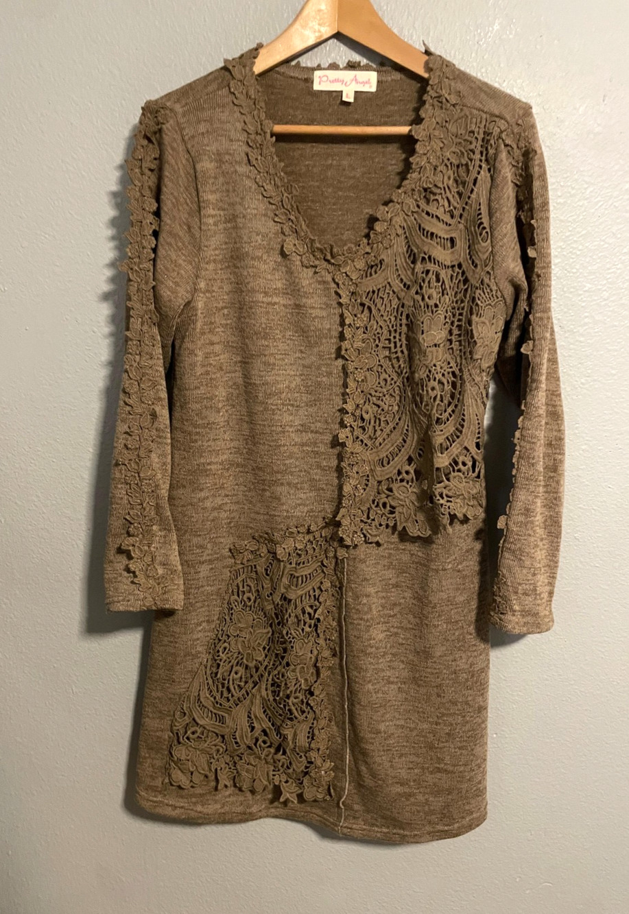 Pretty Angel Tunic Dress Womens Large Brown Linen Blend Crochet Floral Fairy
